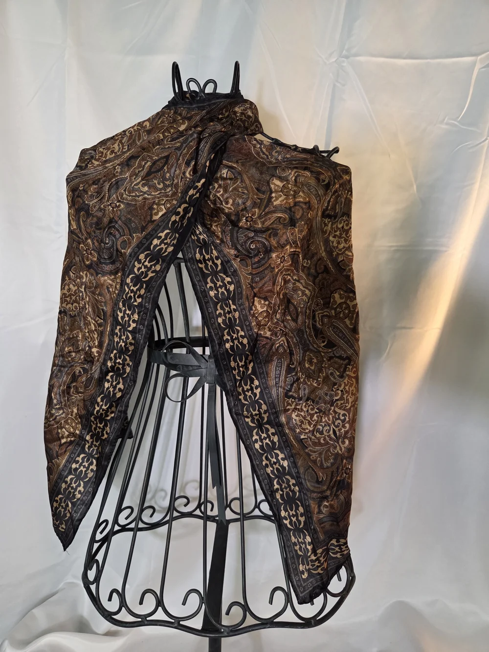 S125. Vintage Anne Klein Brown Paisley Scarf with Black Trim